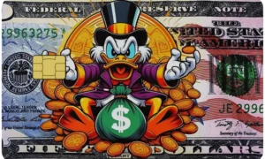 Duck full-colour metal card with top-hat duck, coins and money bag artwork