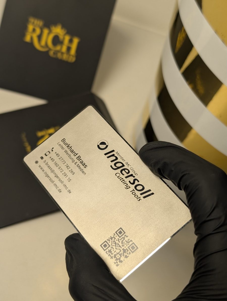 Ingersoll metal business card with logo, contact details and QR artwork