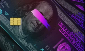 Neon Benjamin full-colour metal card with purple and blue dollar-bill artwork