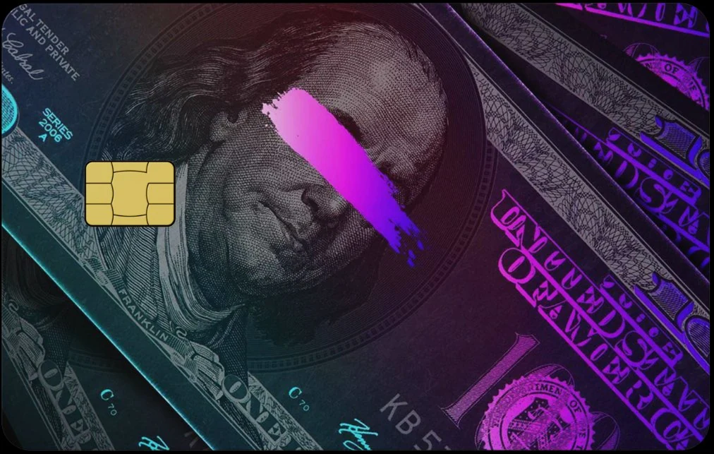 Neon Benjamin full-colour metal card with purple and blue dollar-bill artwork